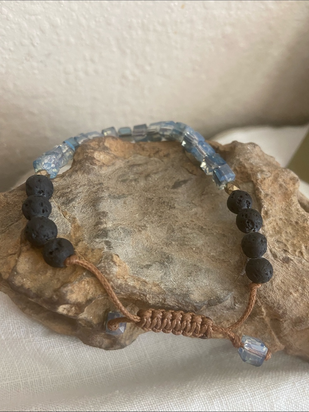 Blue AB Crystal and Black Lava Bead Adjustable Bracelet